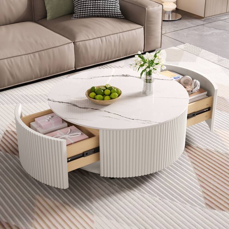 Modern Round Movable Coffee Table with Casters, 2 Drawers, Marble Pattern Sintered Stone Top, 29.5" - White