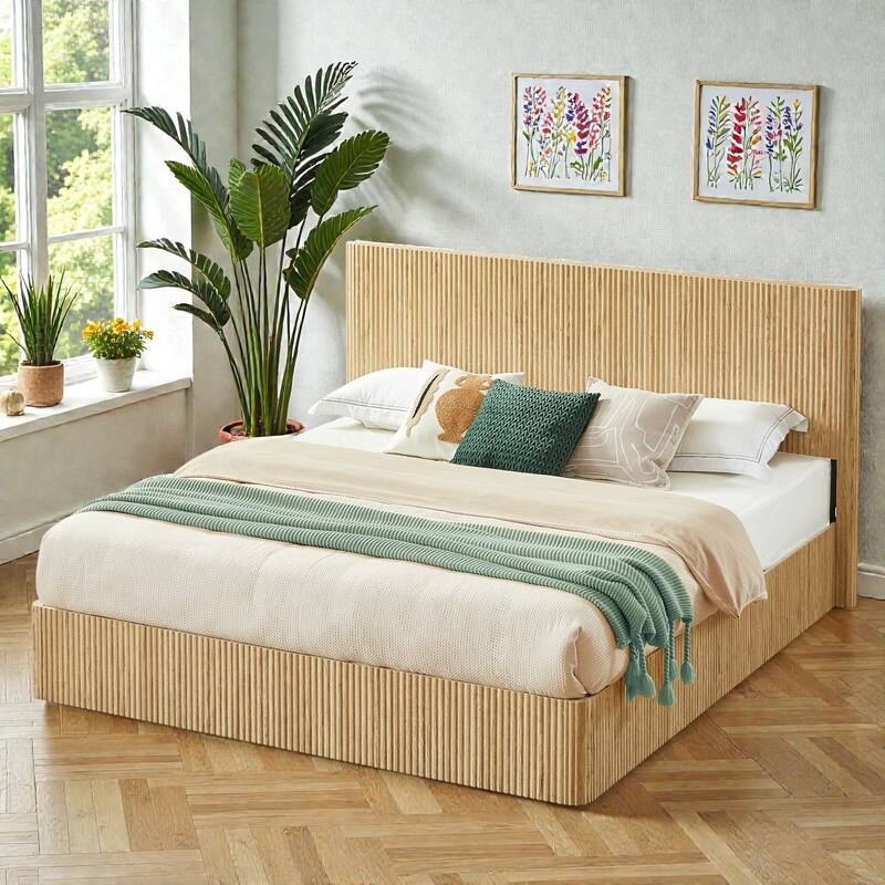 Lift Up Storage Platform Bed with Hydraulic Mechanism, Curved Corrugated Wooden Panels, No Box Spring Required - Oak - King
