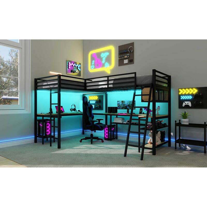 Roomfitters Metal Twin L-Shaped Loft Bed with 2 Desks, LED Lights and Charging Station, Black
