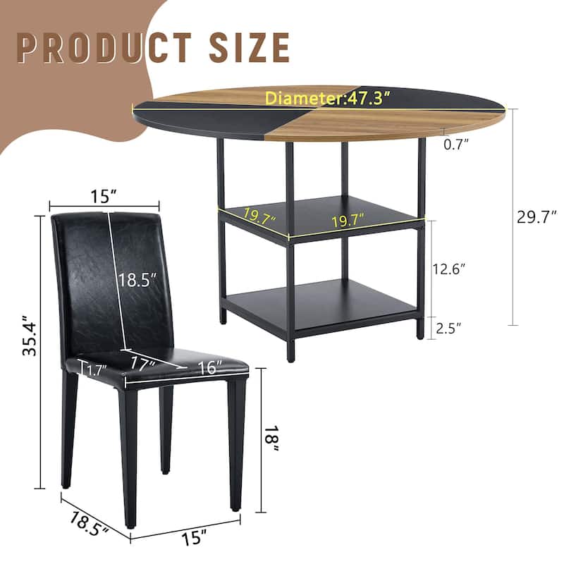 Round Dining Table with Double-Laye Storage, Wood and Black Fan Panels, Rust Proof Metal Legs, Non-Slip Mats