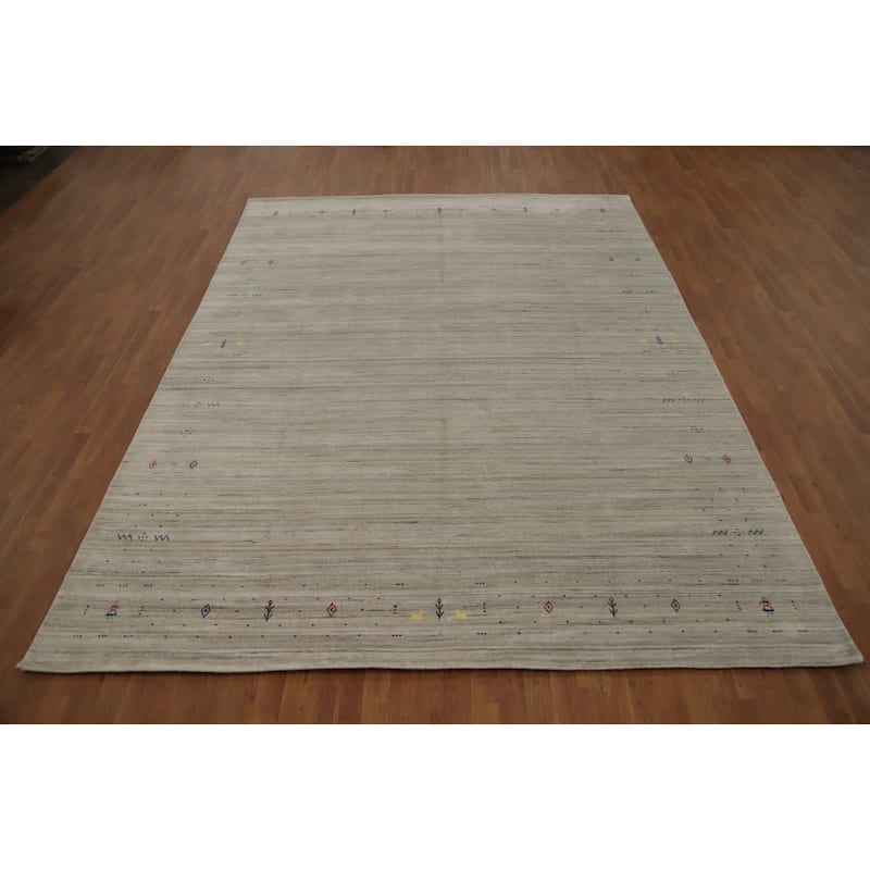 Hand Knotted Oriental Viscose Silk Carpet Tribal Animal Pictorial Beige & Ivories Gabbeh Area Rug - 11' 9'' X 8' 11''