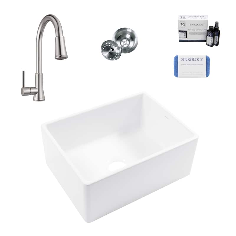 Austen Crisp White Fireclay 24" Farmhouse Apron Front Undermount Single Bowl Kitchen Sink with Pfirst Faucet Kit