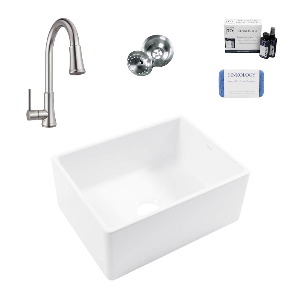Austen Crisp White Fireclay 24" Farmhouse Apron Front Undermount Single Bowl Kitchen Sink with Pfirst Faucet Kit