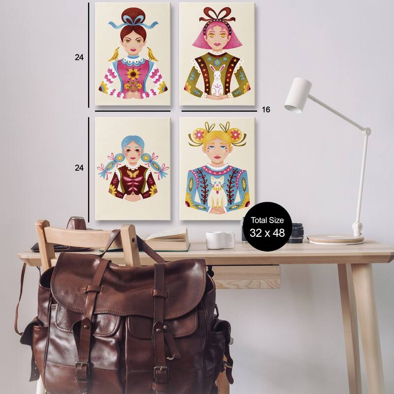 Stupell Floral Folk Women Portraits Canvas Wall Art Design By Hannah Moren (Set of 4)