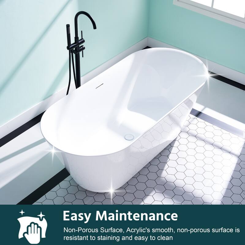 Glossy White Freestanding Soaking Bathtub, 100% Pure Virgin Acrylic with Drain And Overflow