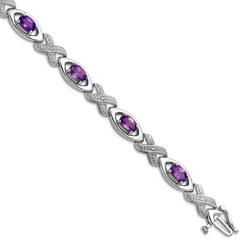 Curata 925 Sterling Silver 7" 6mm Light Swiss Blue Topaz or Amethyst and Diamond Bracelet - Amethyst - White