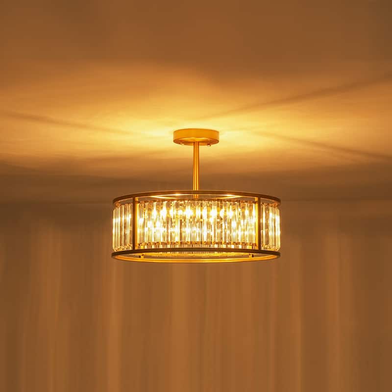 4-Light Mid-Century Modern Black/Gold Drum Crystal Semi-Flush Mount Ceiling Light