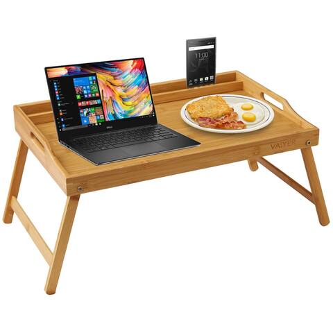 Vaiyer Home Bamboo Breakfast Bed Lap Tray Laptop Desk with Media, Phone Holder, and Foldable Legs, For Sofa, Bed, Snack Tray