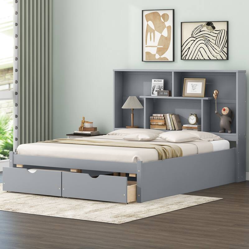 Harper&Bright Designs Platform Bed with Storage Headboard and 2 Drawers - Grey - Queen