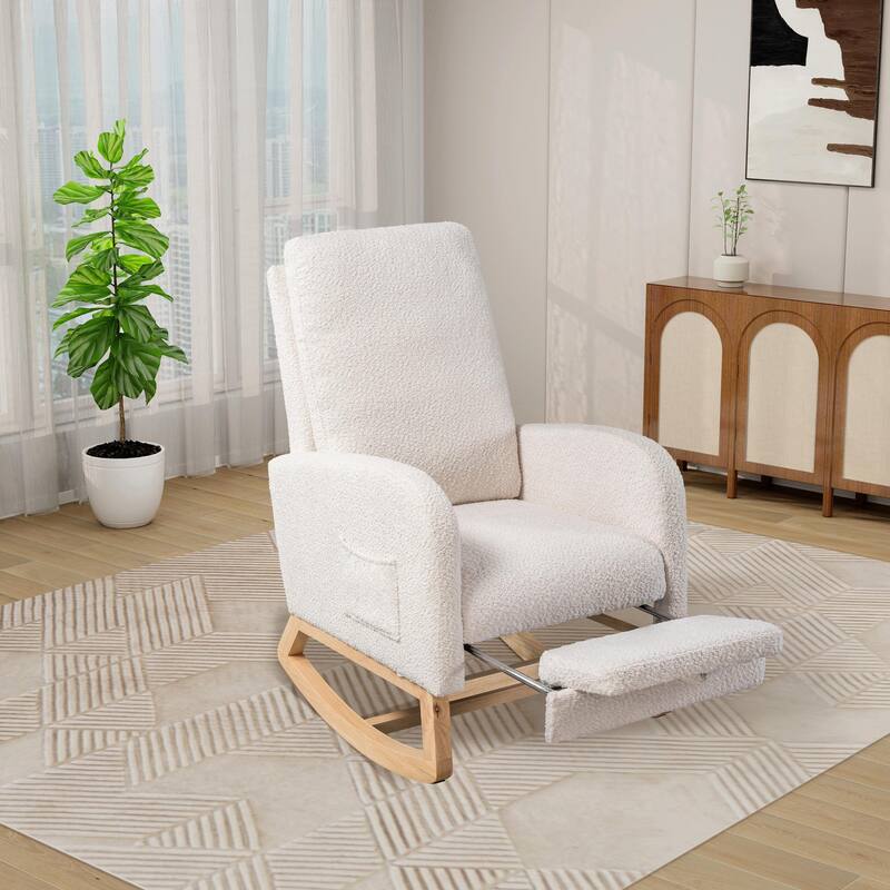 Nursery Rocking Chair, High Back Glider with Retractable Footrest, Side Pocket, Rubberwood Legs for Living Room, Bedroom