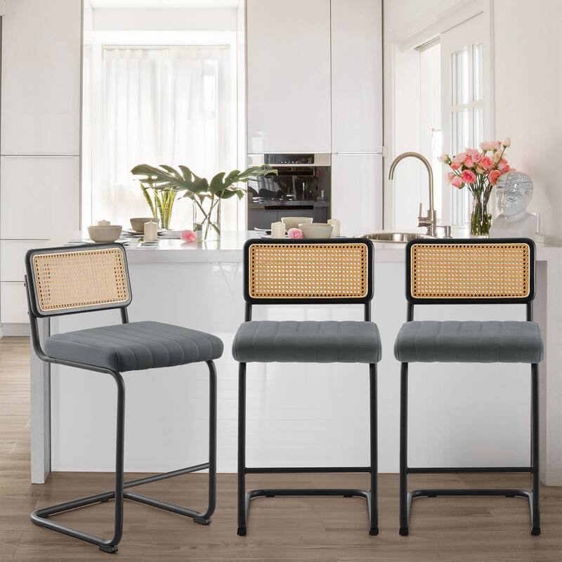 Velvet Upholstered Rattan Counter/Bar Stools, Set of 2/3