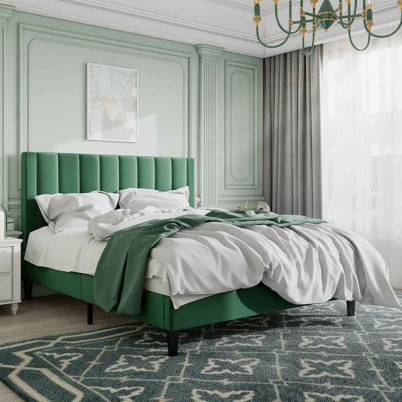 Modern Green Velvet Upholstered Platform Bed with Headboard - Queen