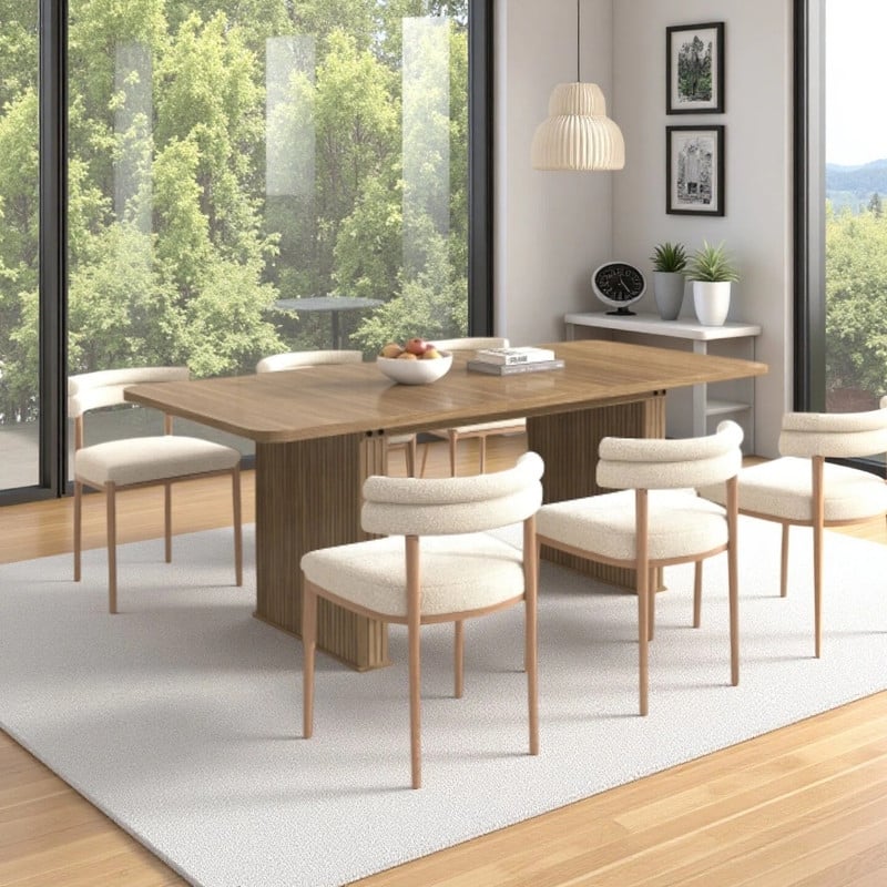 Rounded stripes Extendable Dining Table for 6-10 People, Wood Table with Double Robust Pedestal, Conference Meeting Table