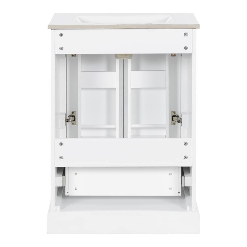 Bathroom Vanity with Ceramic Sink, Freestanding Bathroom Cabinet with Double Shelf, 1 Divided Drawer & 2 Soft Close Doors