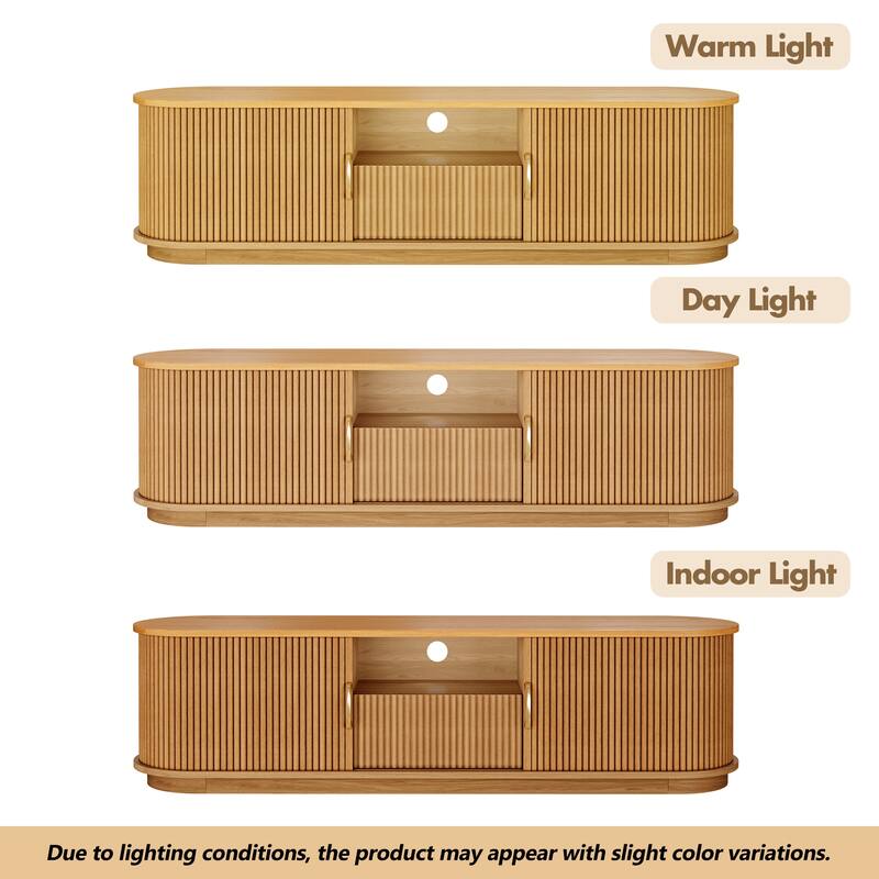 Vintage TV Stand with Sliding Wood Slatted Doors for TVs up to 75", with Drawer, Wood Grain Media Console with Cable Management