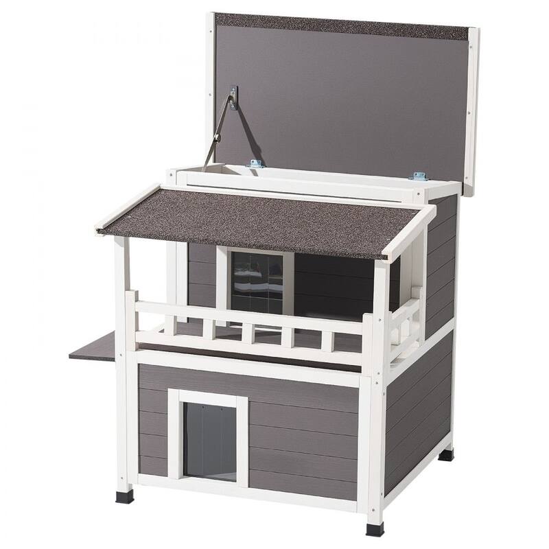 White-Grey Insulated Outdoor Wooden Cat House with Weatherproof and Two-Story Shelter for Multiple Cats