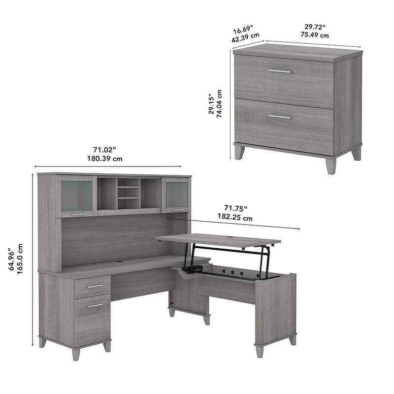 Somerset 72W Sit to Stand L Shaped Desk with Hutch and Cabinet in Gray
