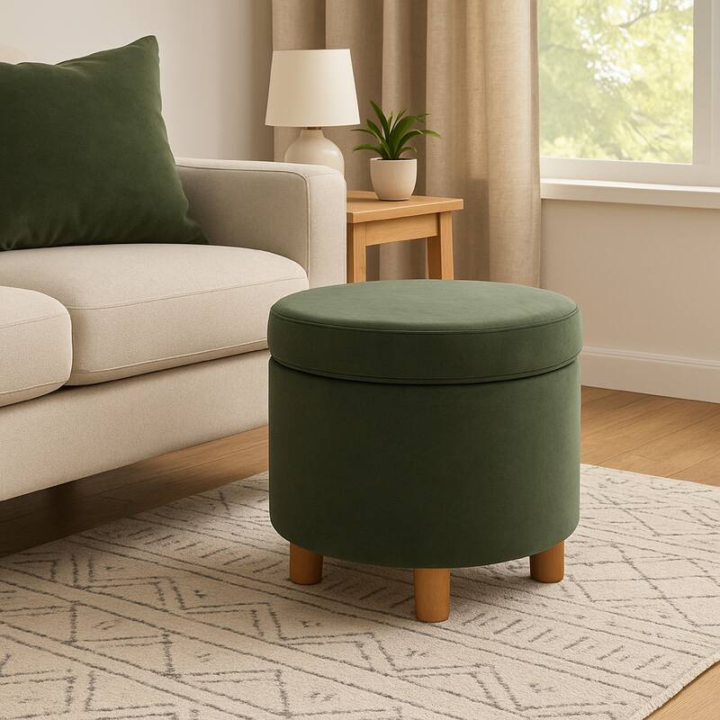 Gio Storage Ottoman, 19 Inch Round Lift Top, Forest Green Velvet