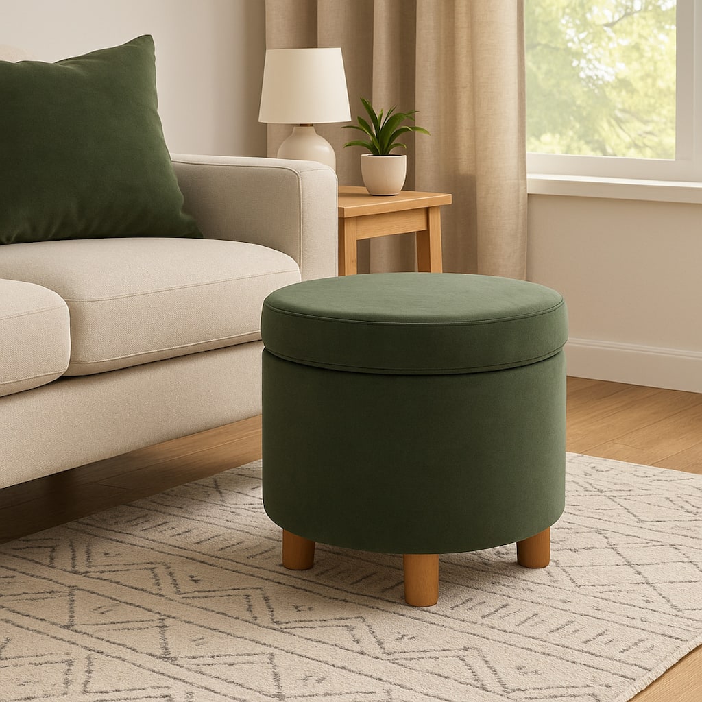 Gio Storage Ottoman, 19 Inch Round Lift Top, Forest Green Velvet