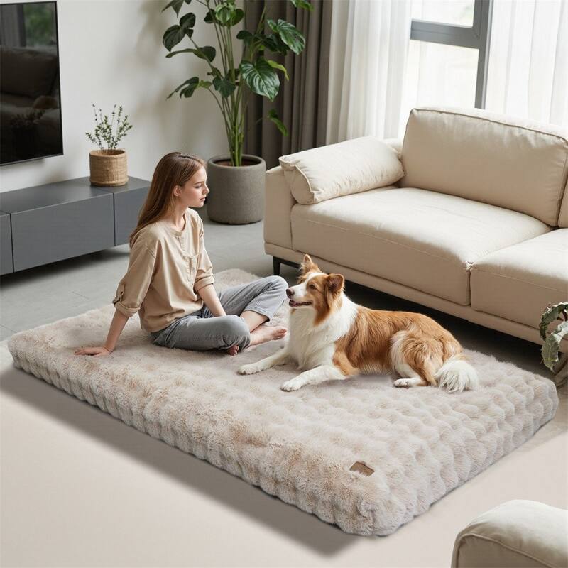 Washable Dog Bed Comfy Fluffy Kennel Pad Anti-Slip Pet Sleeping Mat Dogs Pillow -  78.8x43.3x7.1 inch - Khaki