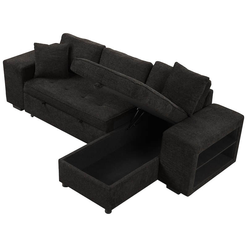 104.5" Charcoal L-Shaped 3-Seater Convertible Sofa with Pull-Out Bed, Storage Chaise, and 2 Convenient Stools for Living Room