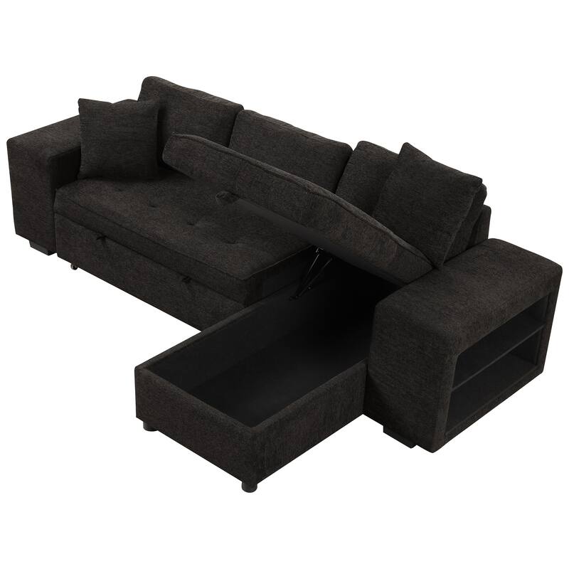 Black 104.5" Charcoal L-Shaped 3-Seat Convertible Sofa with Pull-Out Bed, Storage Chaise, and 2 Stools for Living Room
