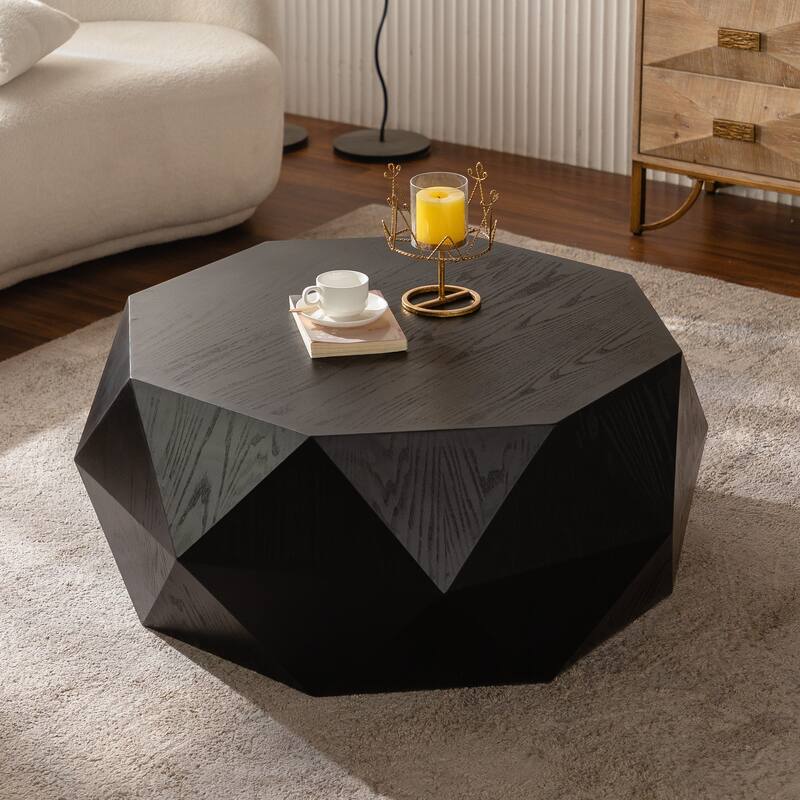 American Retro Coffee Table with 3D Relief Pattern, Nail Holes Knots and Wood Marks, for Living Room - Black