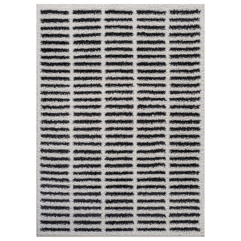 Bohemian Stripe Lines Shag Rug - Textured Surface - Anthracite Dark Gray - Easy to Clean