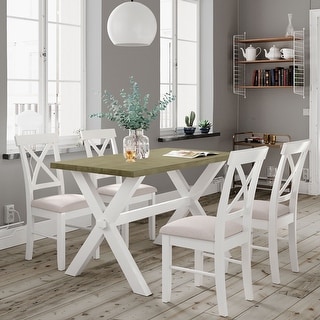 5-Piece Farmhouse Rustic Wood Dining Table Set with Upholstered Chairs ...
