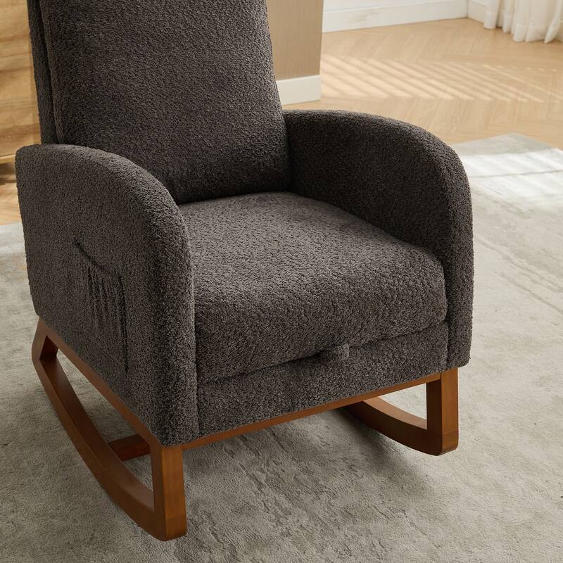 Boucle Fabric Rocking Chair with Retractable Footrest and Side Pocket