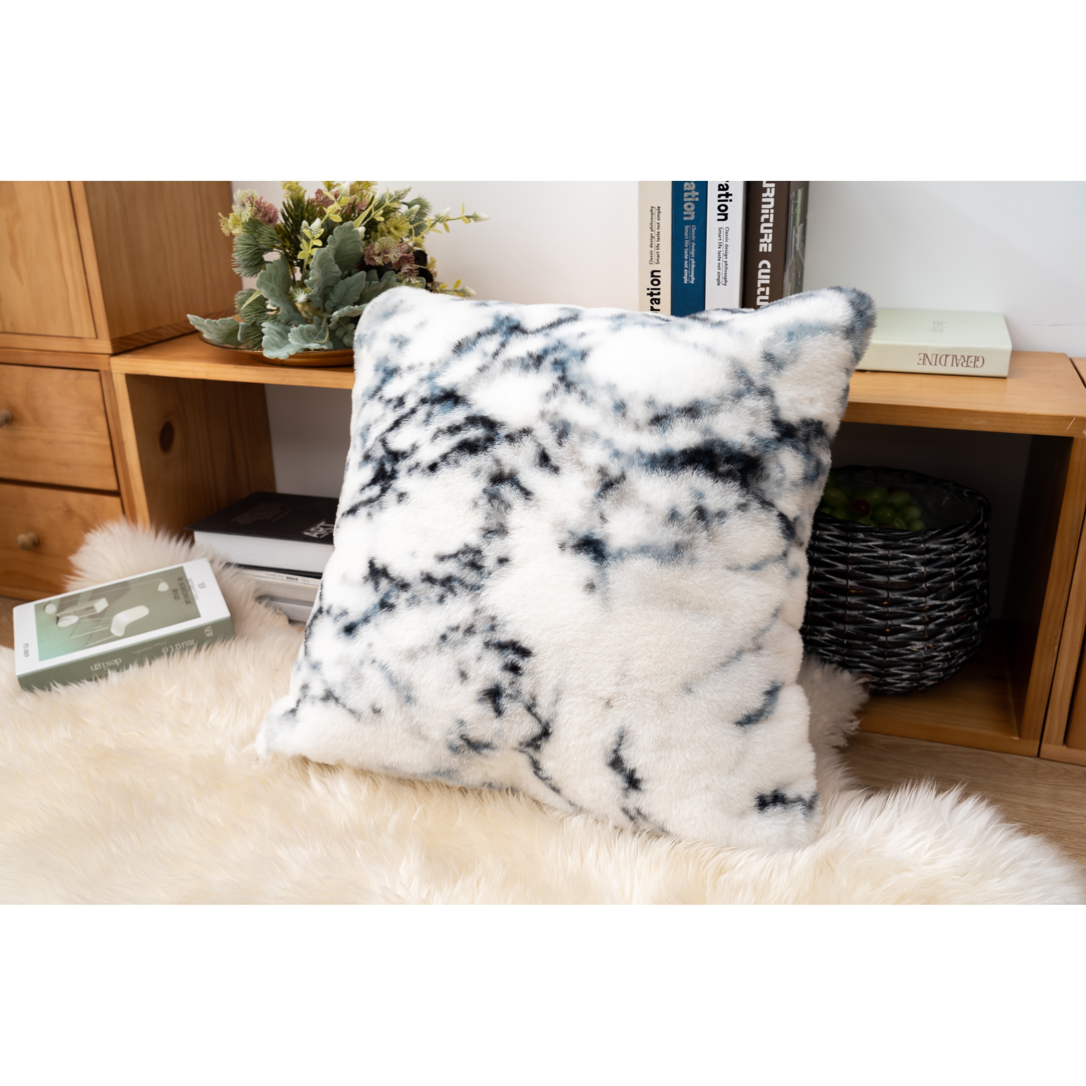 MDA Rugs Luxury White and Blue Faux Fur Marble Throw Pillow