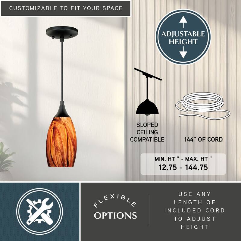 Milano Black Mini Pendant Ceiling Light Amber Fire Glass - 4.75-in W x 9.75-in H x 4.75-in D - 4.75-in W x 9.75-in H x 4.75-in D