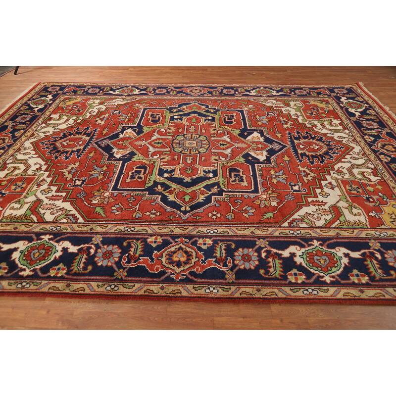 Orange Geometric Heriz Serapi Indian Area Rug Handmade Wool Carpet - 9'2" x 11'10"