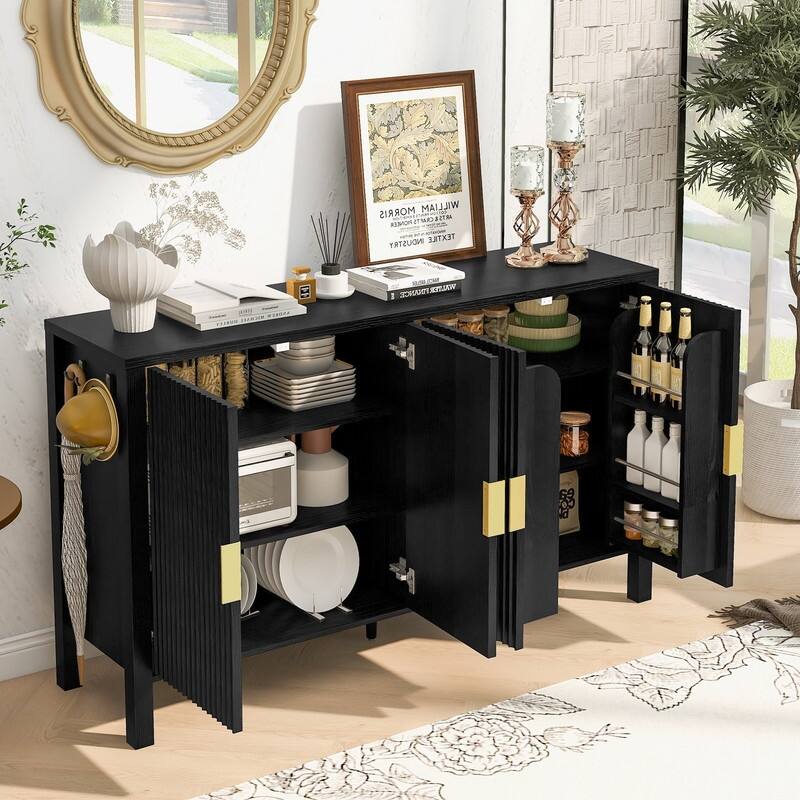 Modern 57.5" Fluted Door 4-Door Sideboard with Side Hooks and Adjustable Shelves