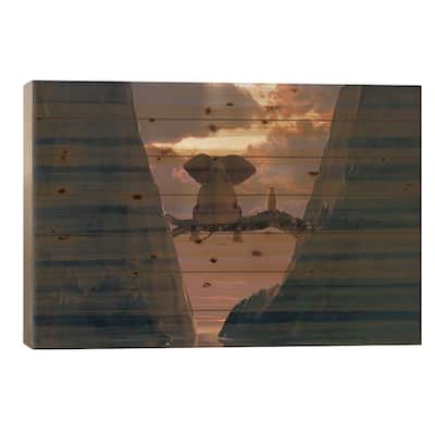 Elephant And Dog Sit On A Fallen Tree On The Beach Print On Wood by Mike Kiev - Multi-Color
