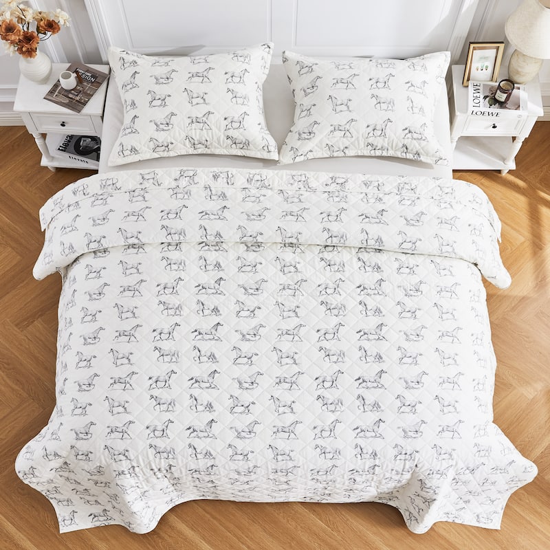 All Cotton Flannel Horse Quilt Set Gray