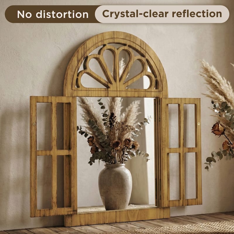 Solid Wood Arched Framed Windowpane Accent Mirror Wall Mirror