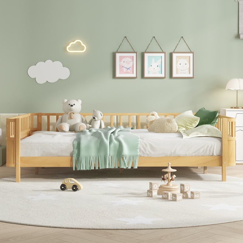 Multi Size Low Platform Bed for Kids with Rounded Corners Guardrails, Detachable Right-side Fence and Open Left-side Design