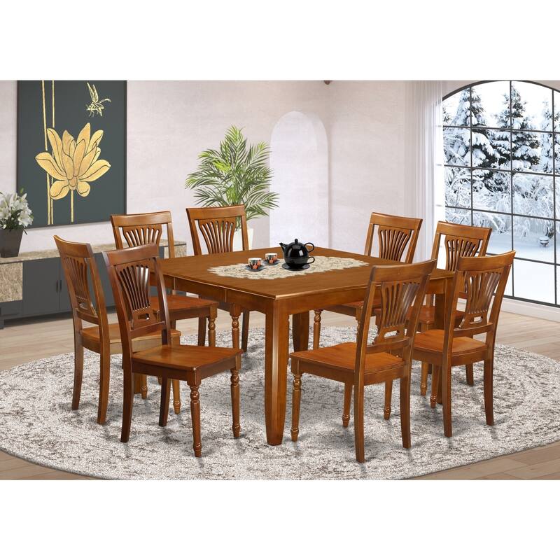 HomeStock 9-Piece Square Saddle Brown Finish Solid Wood Top Dining Table with 8-Chairs with Lattice Back