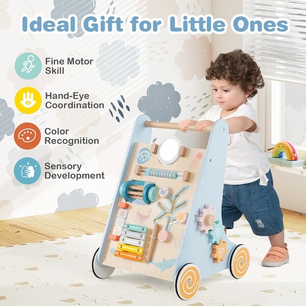 Gymax Wooden Baby Walker Sit to Stand Walker w/ Wheels Push & Pull