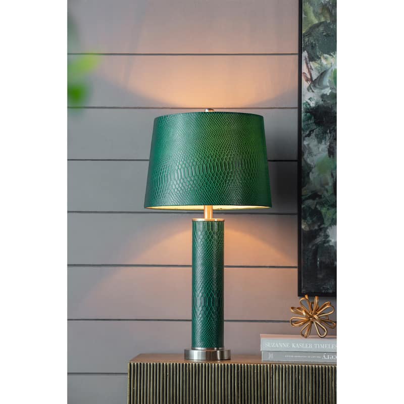 14x14x27 Inch Green Faux Leather Table Lamp with Crocodile Texture for Living Room Office - Green