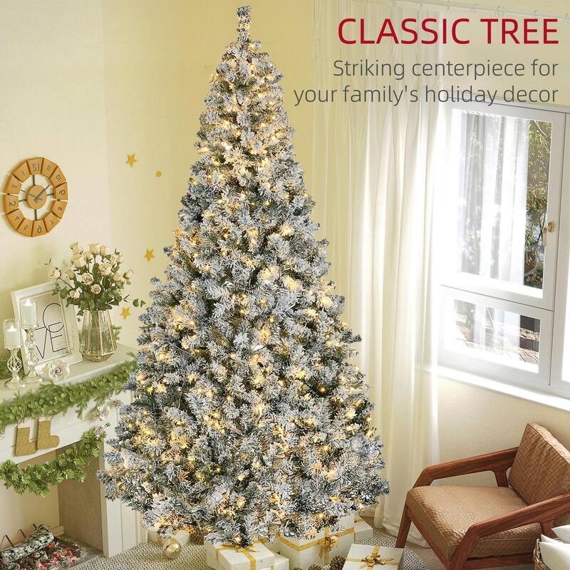 9ft Tall Prelit Artificial Christmas Tree Holiday Décor with 1868 Snow Flocked Branches, 600 Warm White LED Lights - Green