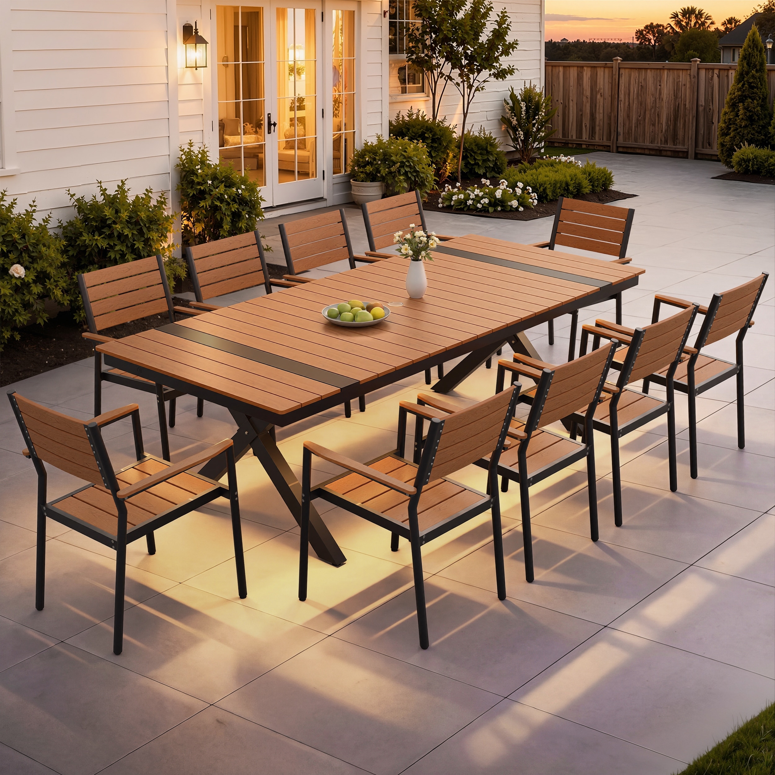 11-Piece Outdoor Patio Dining Set LED Light Strip Aluminum X-Shaped Dining Table with Umbrella Hole and Stackable Chairs