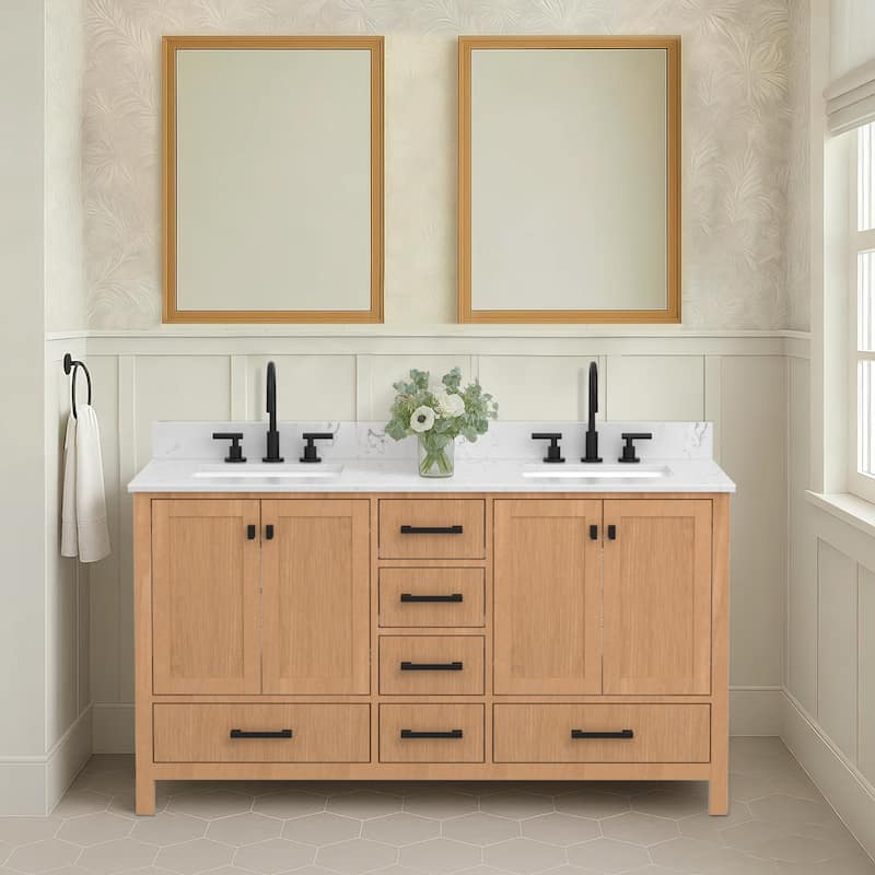 60 inch Solid Wood Freestanding Bath Vanity Engineered Countertop Undermount Rectangular Ceramic Sink - 60 inch