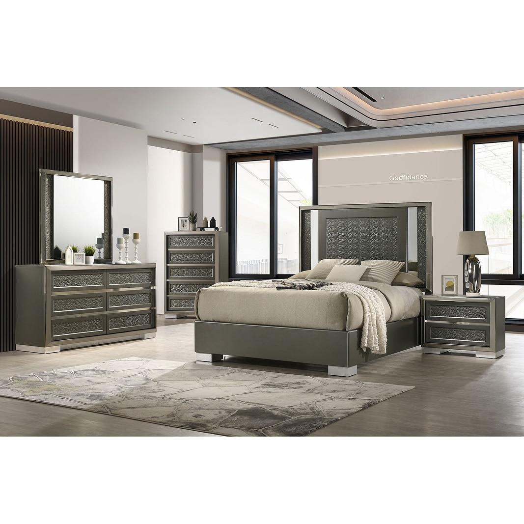 Modern Contemporary Dark Gray Finish LED Bedroom Set Bed Nightstand Dresser Mirror Chest