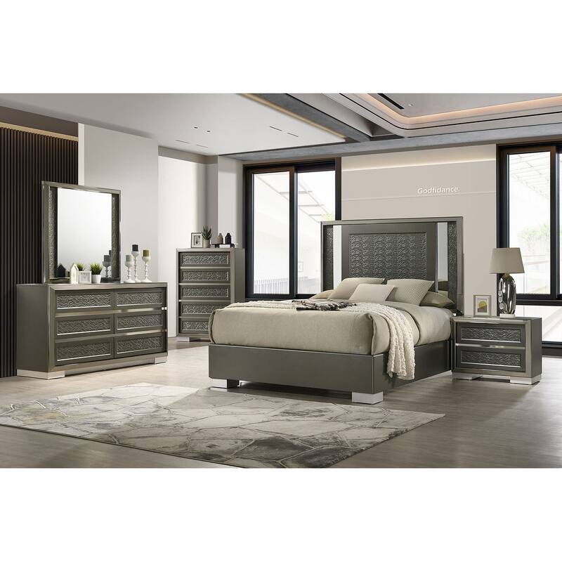 Modern Contemporary Dark Gray Finish LED Bedroom Set Bed Nightstand Dresser Mirror Chest