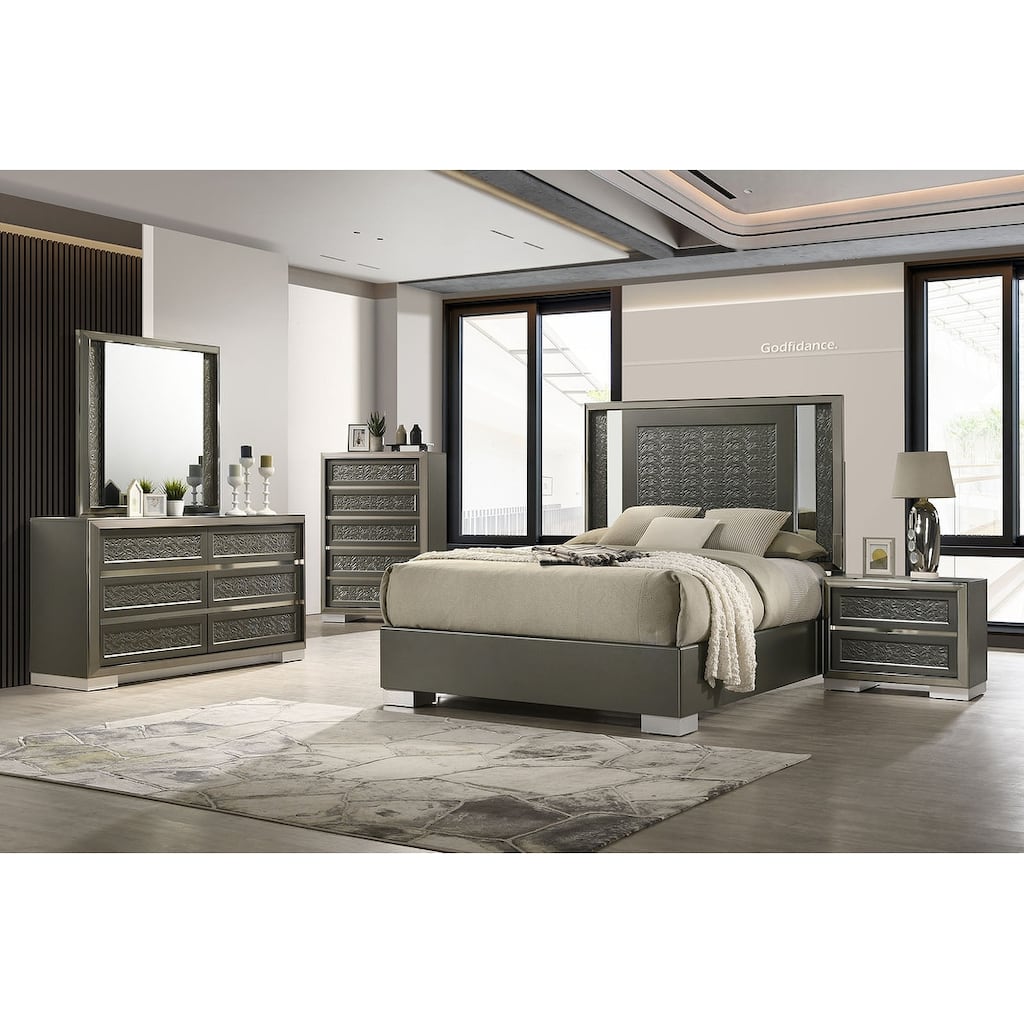 Modern Contemporary Dark Gray Finish LED Bedroom Set Bed Nightstand Dresser Mirror Chest