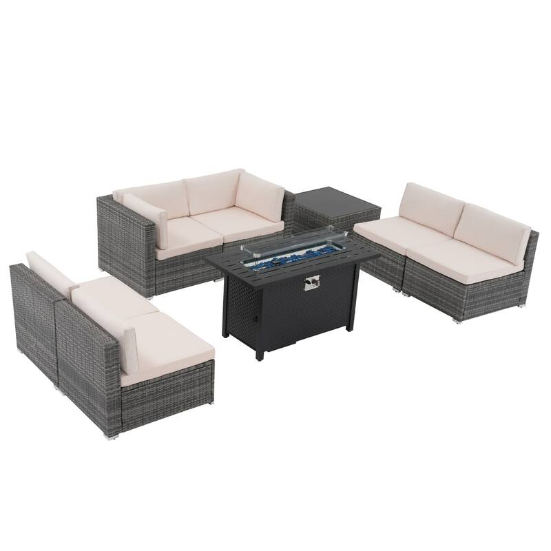 Outdoor Wicker Sectional Sofa 8-Piece Set with Fire Pit Table