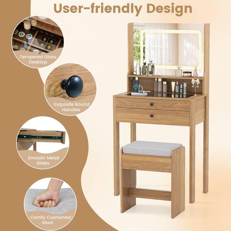 Gymax Small Vanity Desk Makeup Table & Padded Stool Set w/ Charging