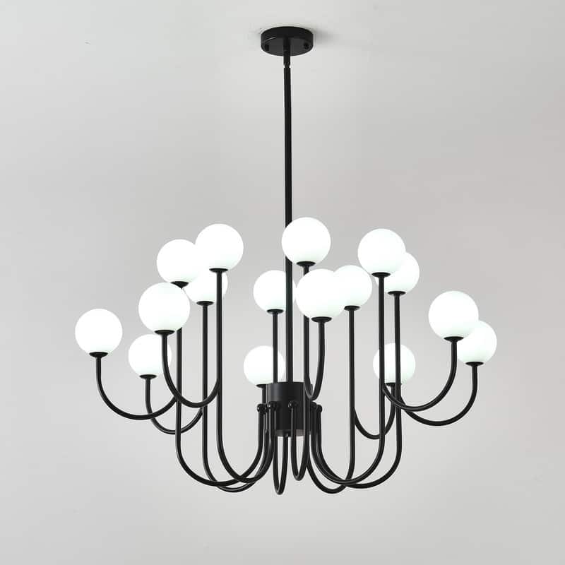 16 Lights Black Sputnik Chandelier 49in Modern Chandelier Mid Century Chandelier with Milk Glass Globe Shades - 36.61